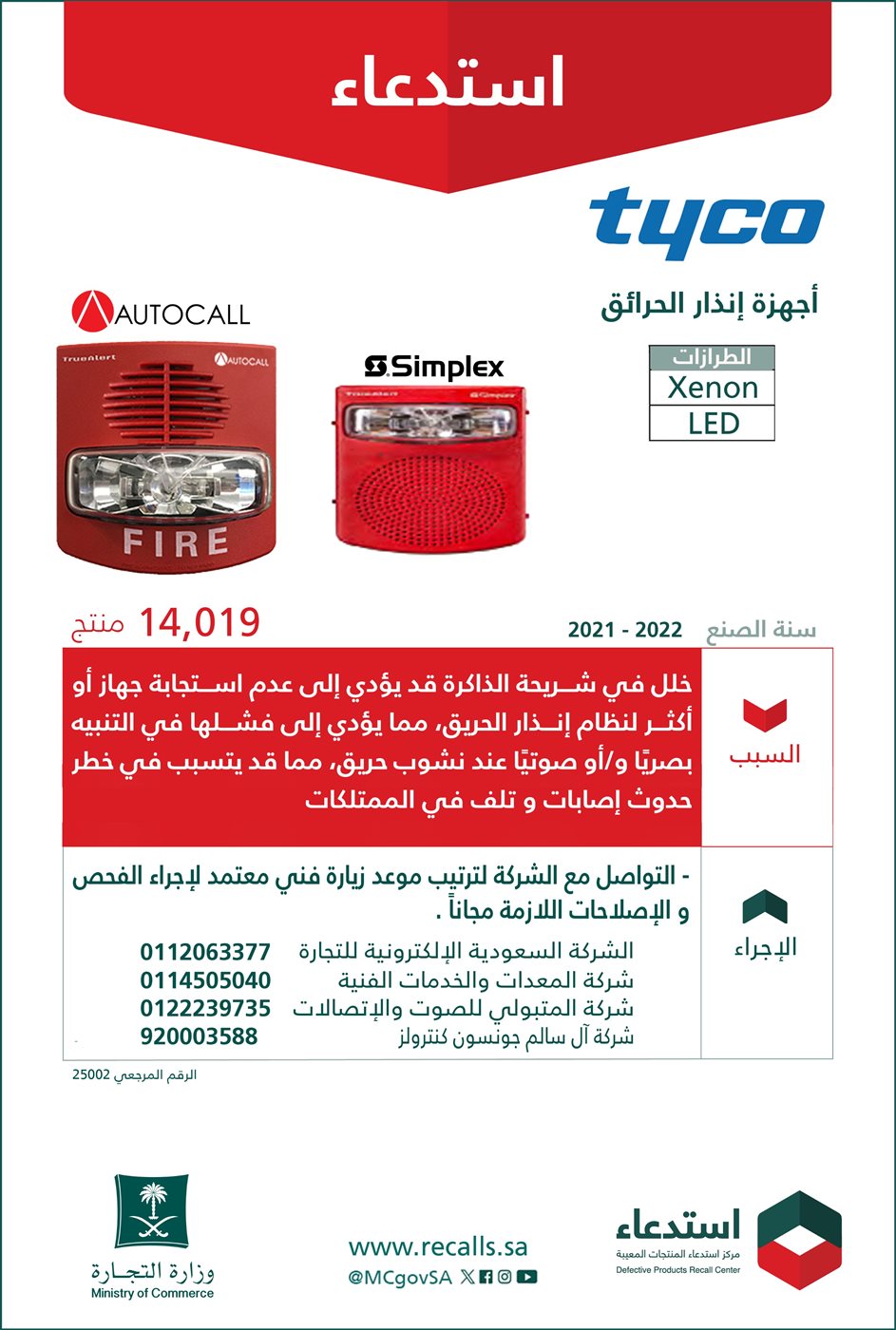  استدعاء 14,019 جهاز إنذار حرائق SIMPLEX وAUTOCALL 